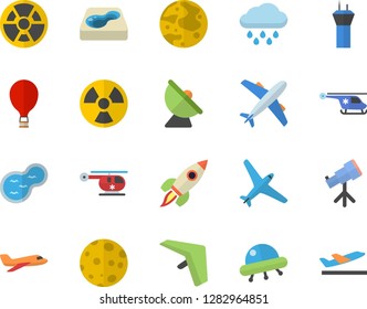 Color flat icon set rain flat vector, pond, pool, radiation, satellite antenna, helicopter, rocket, moon, ufo, telescope, aircraft fector, airport tower, hang glider, balloon, departure
