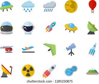 Color flat icon set rain flat vector, pond, radiation, satellite antenna, rocket, helicopter, moon, ufo, telescope, astronaut helmet fector, hang glider, balloon, departure, mountains