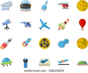 Color flat icon set rain flat vector, pond, pool, radiation, rocket, helicopter, moon, ufo, telescope, astronaut helmet fector, aircraft, airport tower, balloon, departure, mountains