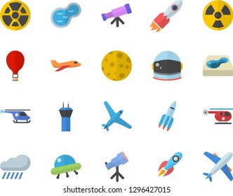Color flat icon set rain flat vector, pond, pool, radiation, rocket, helicopter, moon, ufo, telescope, astronaut helmet fector, aircraft, airport tower, balloon