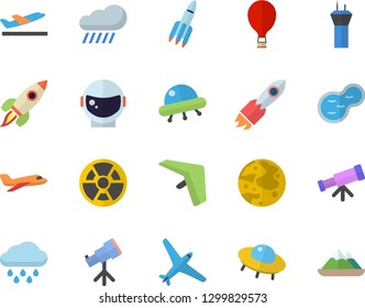 Color flat icon set rain flat vector, pond, radiation, rocket, moon, ufo, telescope, astronaut helmet fector, aircraft, airport tower, hang glider, balloon, departure, mountains