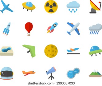 Color flat icon set rain flat vector, pond, pool, radiation, satellite antenna, rocket, moon, ufo, telescope, astronaut helmet fector, aircraft, hang glider, balloon, departure, mountains