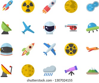 Color flat icon set rain flat vector, pond, radiation, satellite antenna, rocket, helicopter, moon, ufo, telescope, astronaut helmet fector, aircraft, mountains