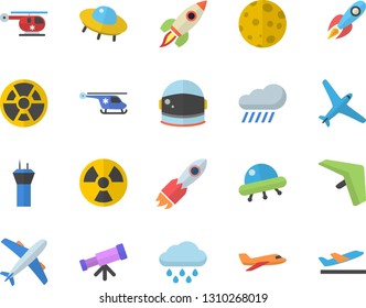 Color flat icon set rain flat vector, radiation, rocket, helicopter, moon, ufo, telescope, astronaut helmet fector, aircraft, airport tower, hang glider, departure