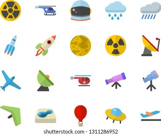 Color flat icon set rain flat vector, pool, radiation, satellite antenna, helicopter, rocket, moon, ufo, telescope, astronaut helmet fector, aircraft, hang glider, balloon, departure