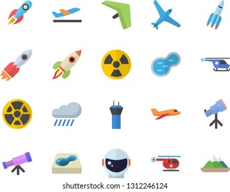 Color flat icon set rain flat vector, pond, pool, radiation, rocket, helicopter, telescope, astronaut helmet fector, aircraft, airport tower, hang glider, departure, mountains