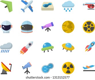 Color flat icon set rain flat vector, pond, pool, radiation, satellite antenna, rocket, helicopter, moon, ufo, telescope, astronaut helmet fector, hang glider, aircraft, departure