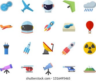 Color flat icon set rain flat vector, pond, pool, radiation, satellite antenna, rocket, helicopter, telescope, astronaut helmet fector, aircraft, airport tower, hang glider, balloon, mountains