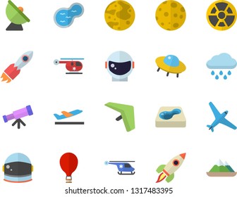 Color flat icon set rain flat vector, pond, pool, radiation, satellite antenna, rocket, helicopter, moon, ufo, telescope, astronaut helmet fector, aircraft, hang glider, balloon, departure