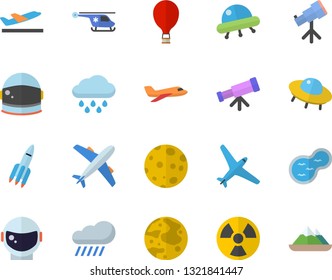 Color flat icon set rain flat vector, pond, radiation, helicopter, rocket, moon, ufo, telescope, astronaut helmet fector, aircraft, balloon, departure, mountains