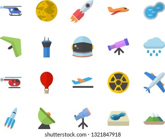 Color flat icon set rain flat vector, pond, pool, radiation, satellite antenna, rocket, helicopter, moon, telescope, astronaut helmet fector, aircraft, airport tower, hang glider, balloon, departure
