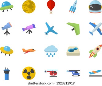 Color flat icon set rain flat vector, pool, radiation, helicopter, rocket, moon, ufo, telescope, astronaut helmet fector, aircraft, airport tower, hang glider, balloon, departure