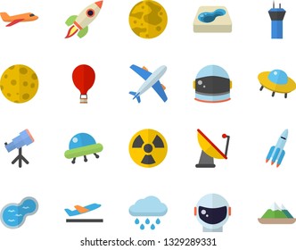 Color flat icon set rain flat vector, pond, pool, radiation, satellite antenna, rocket, moon, ufo, telescope, astronaut helmet fector, aircraft, airport tower, balloon, departure, mountains