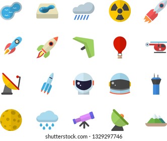 Color flat icon set rain flat vector, pond, pool, radiation, satellite antenna, rocket, helicopter, moon, telescope, astronaut helmet fector, airport tower, hang glider, balloon, mountains