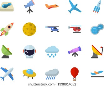 Color flat icon set rain flat vector, pond, pool, satellite antenna, helicopter, rocket, moon, ufo, telescope, astronaut helmet fector, aircraft, balloon, departure