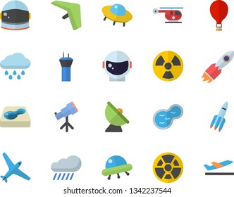 Color flat icon set rain flat vector, pond, pool, radiation, satellite antenna, rocket, helicopter, ufo, telescope, astronaut helmet fector, aircraft, airport tower, hang glider, balloon, departure