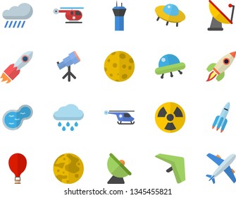 Color flat icon set rain flat vector, pond, radiation, satellite antenna, rocket, helicopter, moon, ufo, telescope, airport tower  , hang glider, balloon, aircraft