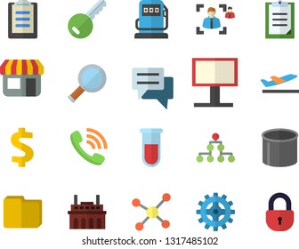 Color flat icon set refueling flat vector, plant, cogwheel, pipe production, store front, billboard, dollar, phone call, chat, blood test, clipboard, computer file, recruitment, molecule, magnifier