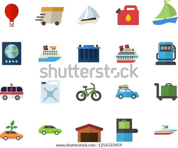 Color flat icon set refueling flat vector,\
accumulator, canister, eco cars, electric, warehouse, express\
delivery, sailboat, ambulance, bicycle, car fector, balloon,\
baggage claim, passport,\
yacht