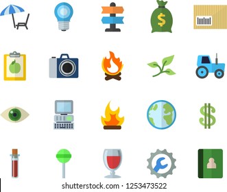 Color flat icon set repair flat vector, lollipop, wine, tractor, bonfire, tree leaf, earth, lamp, dollar, wealth, barcode, blood test, computer, diet, chaise lounge fector, camera, pointer, eye