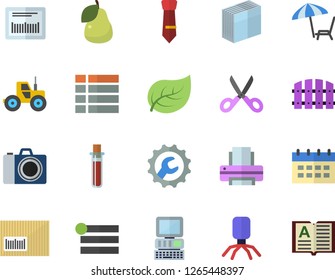 Color flat icon set repair flat vector, scissors, pear, tractor, fence, tree leaf, barcode, blood test, virus, sticker, printer, tie, computer, chaise lounge fector, camera, menu, calendar, book