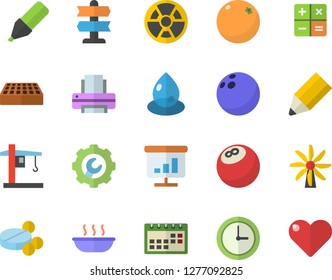 Color flat icon set repair flat vector, brick, soup, orange, windmill, radiation, drop, crane, marker, calculator, pills, calendar, chart, printer, pencil, bowling ball, pointer fector, clock, heart