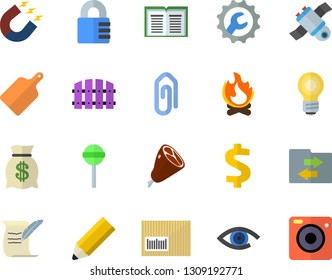 Color flat icon set repair flat vector, cutting board, ham, lollipop, fence, bonfire, magnet, dollar, wealth, barcode, pencil, satellit, bulb, hostory roll, file sharing, clip, lock, eye, book