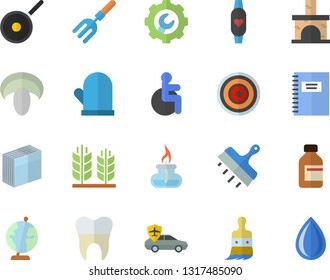 Color Flat Icon Set Repair Flat Vector, Putty Knife, Teflon, Potholder, Induction Cooker, Mushroom, Pitchfork, Paint Brush, Fireplace, Autopilot, Vial, Disabled, Dental Crowns, Sticker, Gas Burner