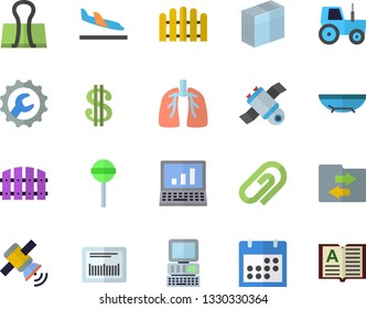 Color flat icon set repair flat vector, lollipop, tractor, fence, dollar, barcode, lungs, calendar, sticker, satellit, computer, arrival fector, sea beach, file sharing, clip, binder, book