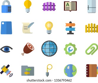 Color flat icon set repair flat vector, construction plummet, cutting board, fridge, ham, fence, earth, lamp, satellit, bulb, hostory roll, pointer fector, file sharing, clip, lock, eye, book