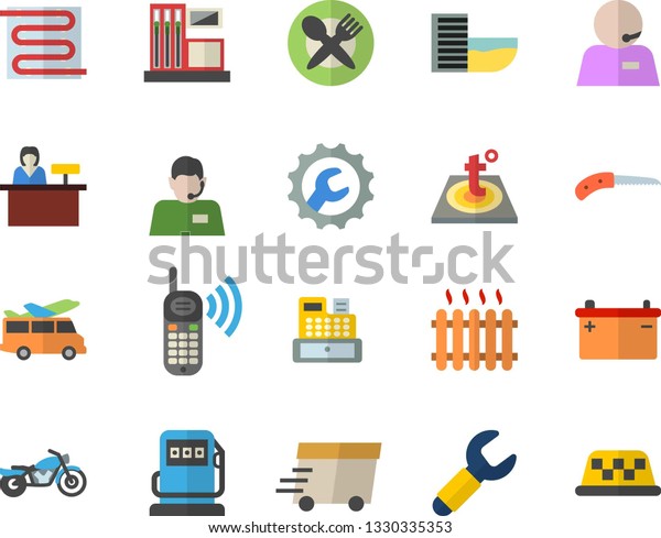 Color flat icon set repair flat vector, warm\
floor, knife, gas station, refueling, accumulator, wrench,\
radiator, telephone operator, phone call, express delivery, cash\
machine, motorcycle\
fector