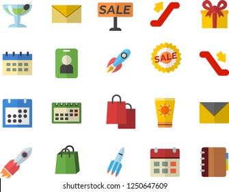 Color flat icon set rocket flat vector, bags, present, sell out, calendar, escalator fector, sun protection cream, cocktail, pass, envelope, notebook