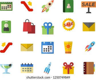 Color flat icon set rocket flat vector, bags, present, sell out, calendar, escalator fector, sun protection cream, cocktail, pass, envelope, notebook