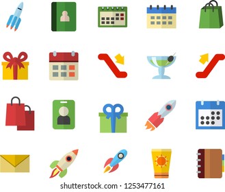 Color flat icon set rocket flat vector, bags, present, calendar, escalator fector, sun protection cream, cocktail, pass, envelope, notebook