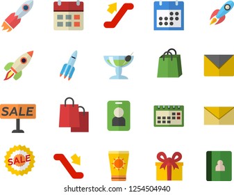 Color flat icon set rocket flat vector, bags, present, sell out, calendar, escalator fector, sun protection cream, cocktail, pass, envelope, notebook