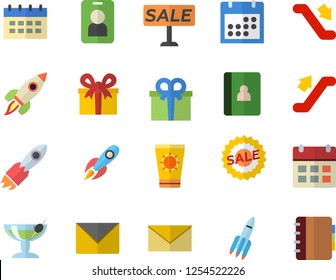 Color flat icon set rocket flat vector, present, sell out, calendar, escalator fector, sun protection cream, cocktail, pass, envelope, notebook