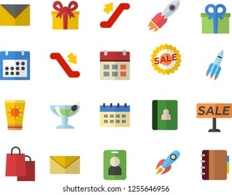 Color flat icon set rocket flat vector, bags, present, sell out, calendar, escalator fector, sun protection cream, cocktail, pass, envelope, notebook