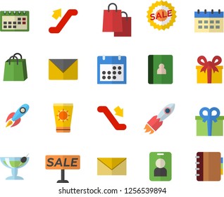 Color flat icon set rocket flat vector, bags, present, sell out, calendar, escalator fector, sun protection cream, cocktail, pass, envelope, notebook
