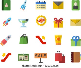 Color flat icon set rocket flat vector, bags, present, sell out, calendar, escalator fector, sun protection cream, cocktail, pass, envelope, notebook