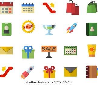 Color flat icon set rocket flat vector, bags, present, sell out, calendar, escalator fector, sun protection cream, cocktail, pass, envelope, notebook