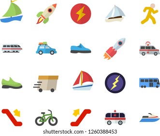 Color flat icon set rocket flat vector, express delivery, sailboat, ambulance, lightning, sneakers, bicycle, run, train fector, car, bus, escalator, water scooter