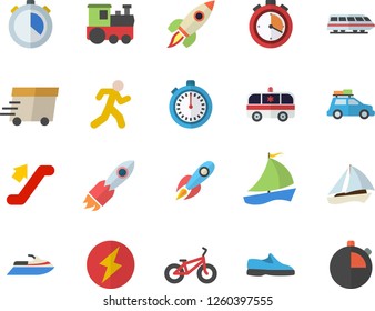 Color flat icon set rocket flat vector, express delivery, sailboat, ambulance, lightning, sneakers, bicycle, stopwatch, run, train fector, car, escalator, water scooter