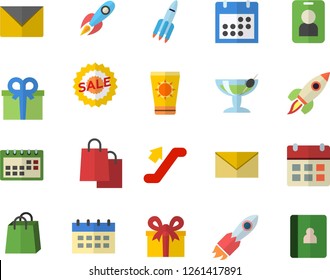 Color flat icon set rocket flat vector, bags, present, sell out, calendar, escalator fector, sun protection cream, cocktail, pass, envelope, notebook