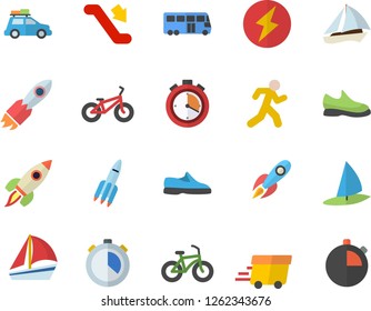 Color flat icon set rocket flat vector, express delivery, sailboat, lightning, sneakers, bicycle, stopwatch, run, car fector, bus, escalator, windsurfing