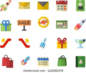Color flat icon set rocket flat vector, bags, present, sell out, calendar, escalator fector, cocktail, pass, envelope, notebook