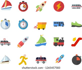 Color flat icon set rocket flat vector, express delivery, sailboat, ambulance, lightning, sneakers, stopwatch, run, train fector, bus, escalator