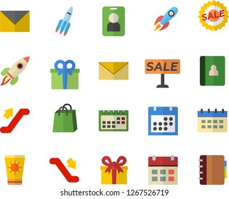 Color flat icon set rocket flat vector, bags, present, sell out, calendar, escalator fector, sun protection cream, pass, envelope, notebook