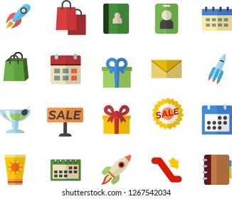 Color flat icon set rocket flat vector, bags, present, sell out, calendar, escalator fector, sun protection cream, cocktail, pass, envelope, notebook