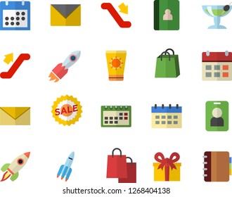 Color flat icon set rocket flat vector, bags, present, sell out, calendar, escalator fector, sun protection cream, cocktail, pass, envelope, notebook