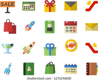 Color flat icon set rocket flat vector, bags, present, sell out, calendar, escalator fector, cocktail, pass, envelope, notebook